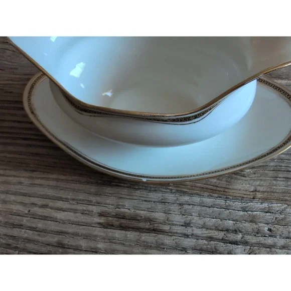 LIMOGES, FRANCE gold encrusted M. REDON 10" Gravy Boat Attached Under Plate - Picture 13 of 16